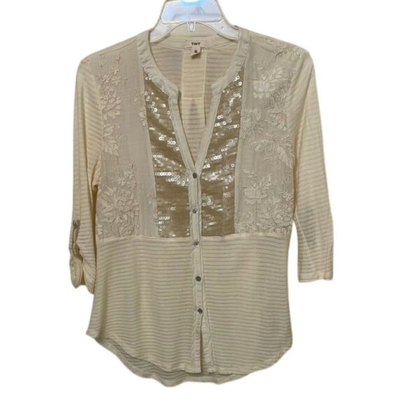 Tiny Ivory Sequin Embroidered Blouse Top Womens Size Medium Lightweight - Picture 2 of 12